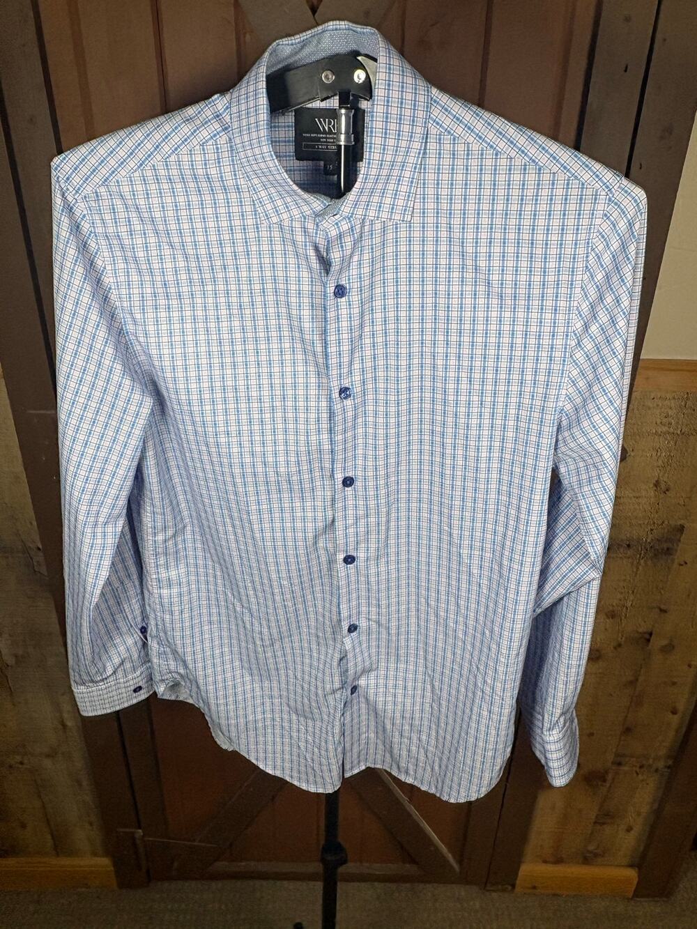 WRK New York Men’s Dress Shirt Size 15 Blue Pink Check 4-Way Stretch